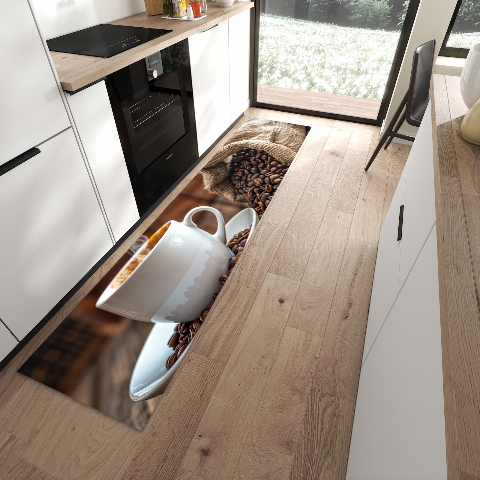 Farbbeständiger Teppichläufer mit Motiv Kaffeegenuss in moderner Küche