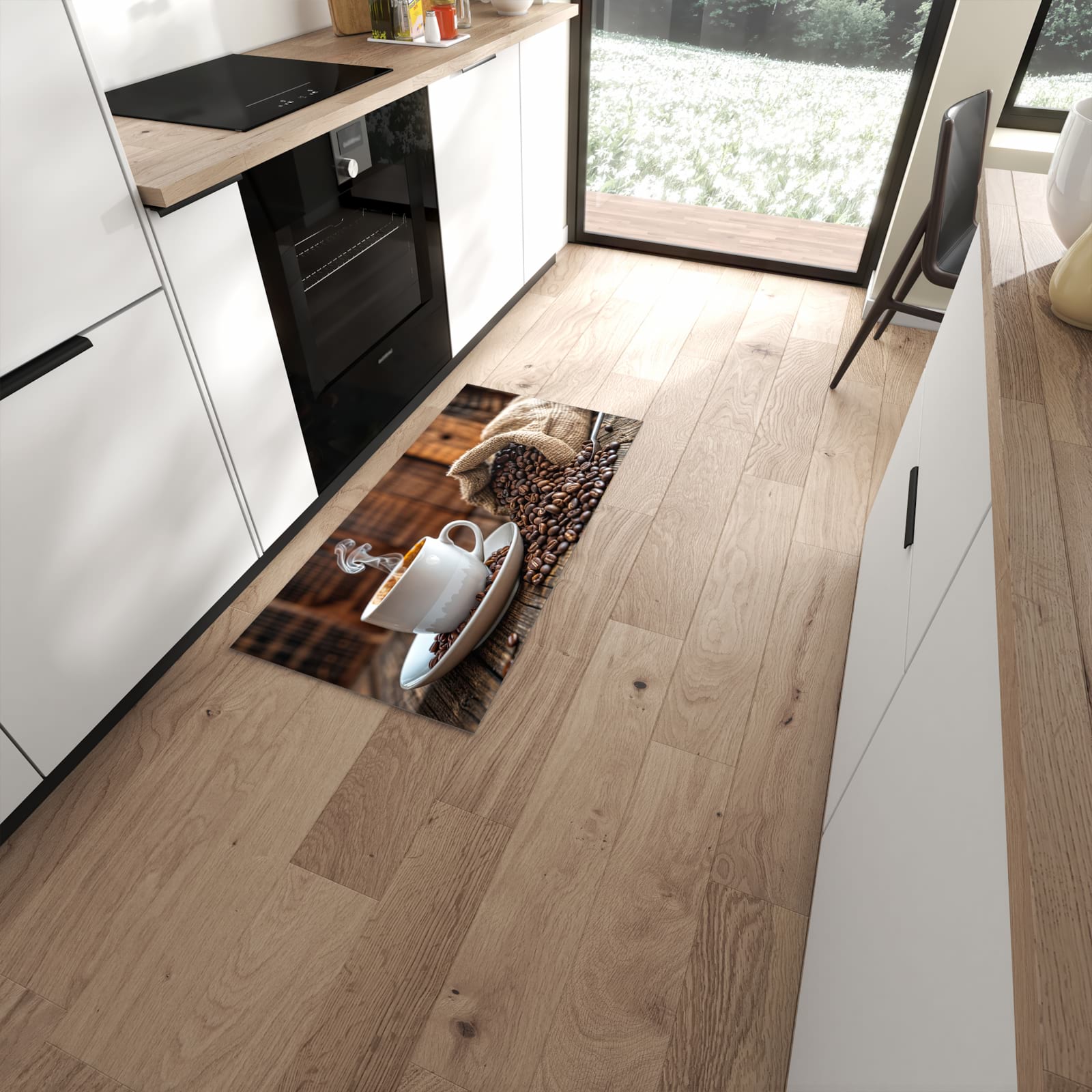 Feuchtigkeitsresistenter Küchenvorleger mit Motiv Kaffeegenuss in moderner Küche #grösse_60 x 120 cm