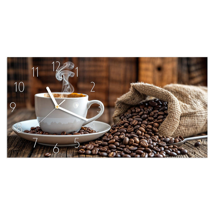 Wanduhr Kaffeegenuss aus Glas – Querformat 60 × 30 cm mit Ziffernblatt Elegant
