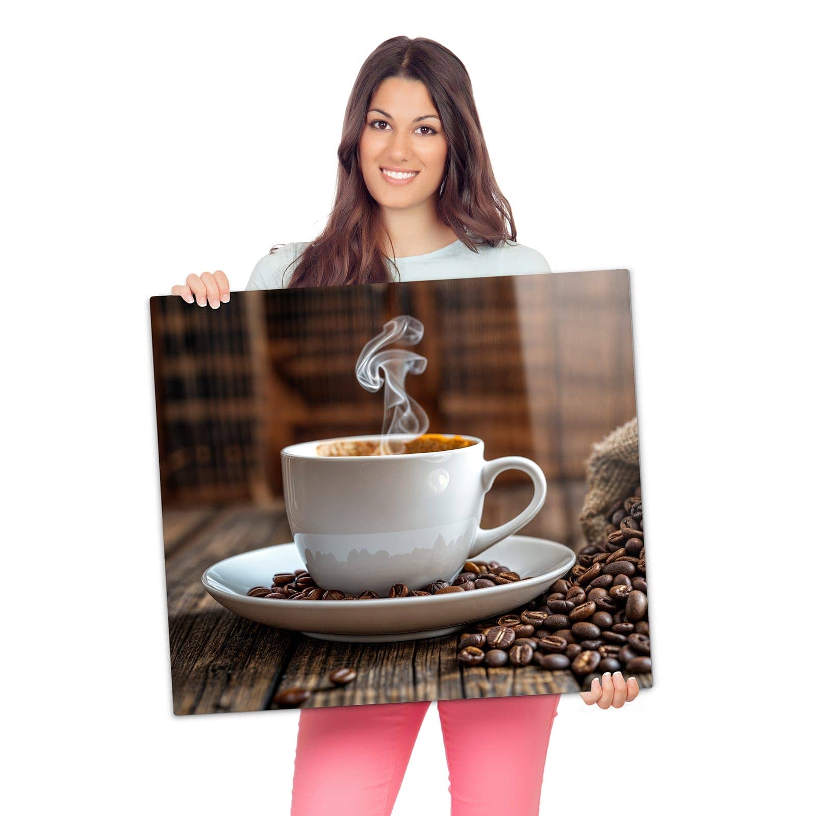 Herdabdeckplatte mit Kaffeegenuss-Motiv wird zur Größendarstellung gehalten