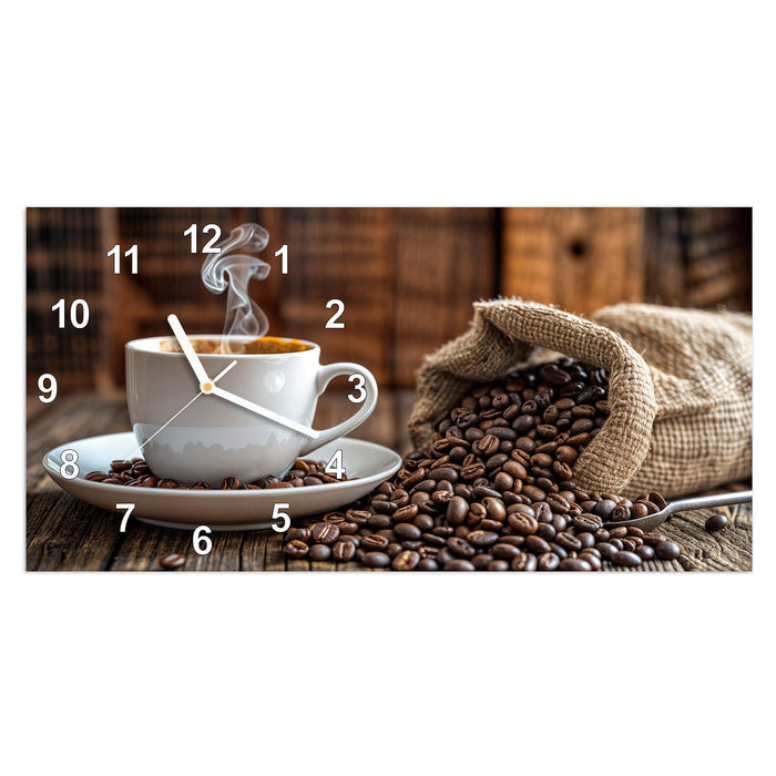 Wanduhr Kaffeegenuss aus Glas – Querformat 60 × 30 cm mit Ziffernblatt Modern