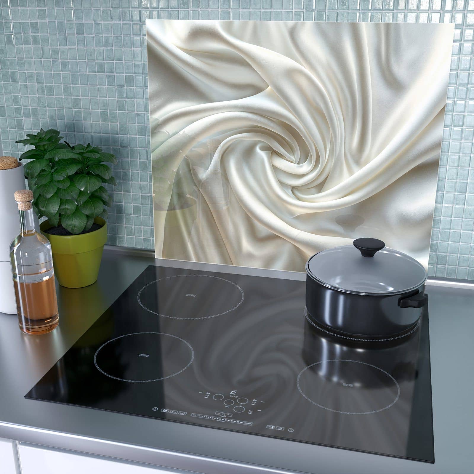 1-teilige Abdeckplatten für Ceranfeld mit Seidene Textur-Motiv als Spritzschutz hinter dem Kochfeld
