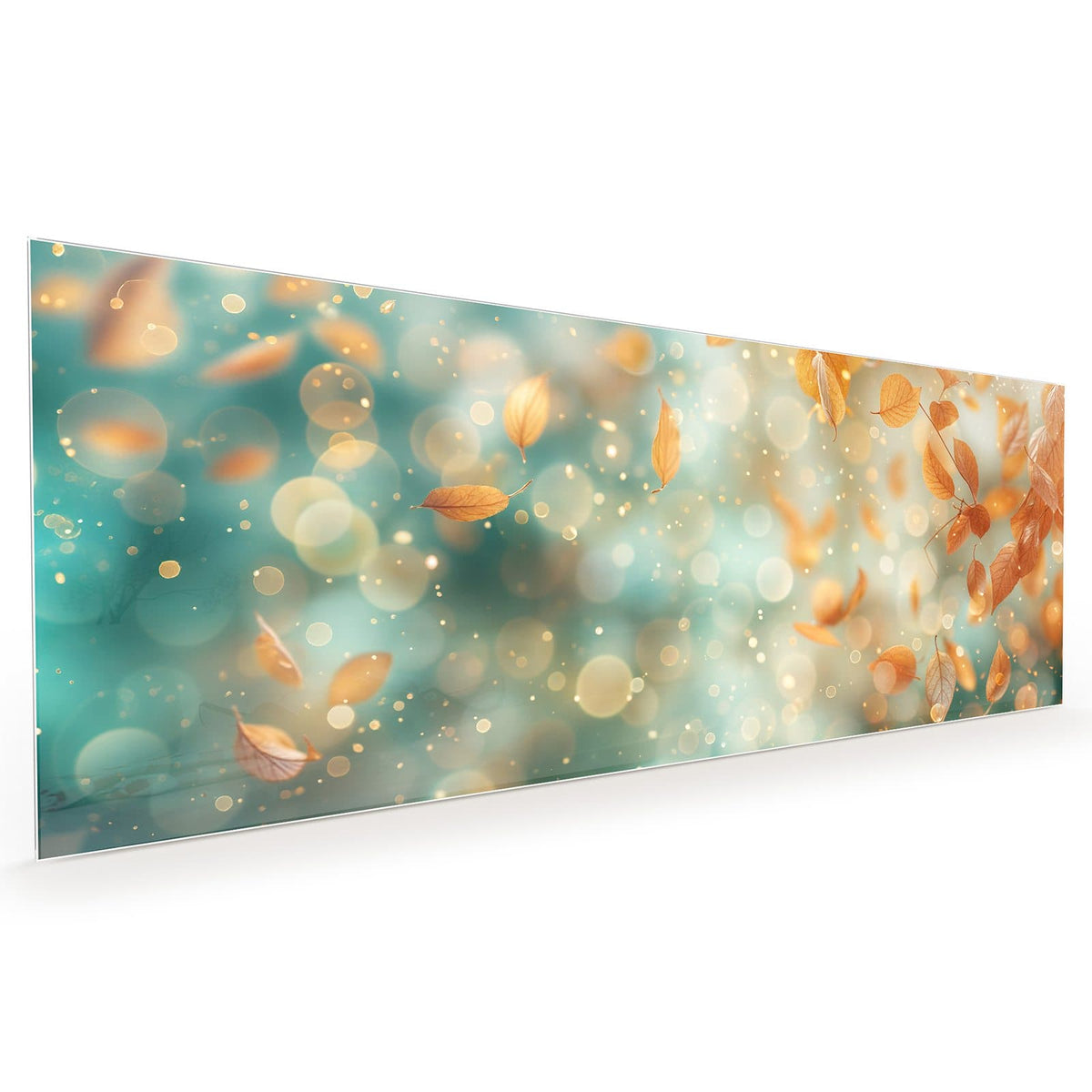 Küchenrückwand aus Glas im Hochformat mit Motiv Goldene Blätter im Flug: Orangegoldene Blätter schweben vor türkisem Bokeh mit Lichtpunkten #grösse_40 x 100 cm #grösse_50 x 125 cm #grösse_60 x 150 cm
