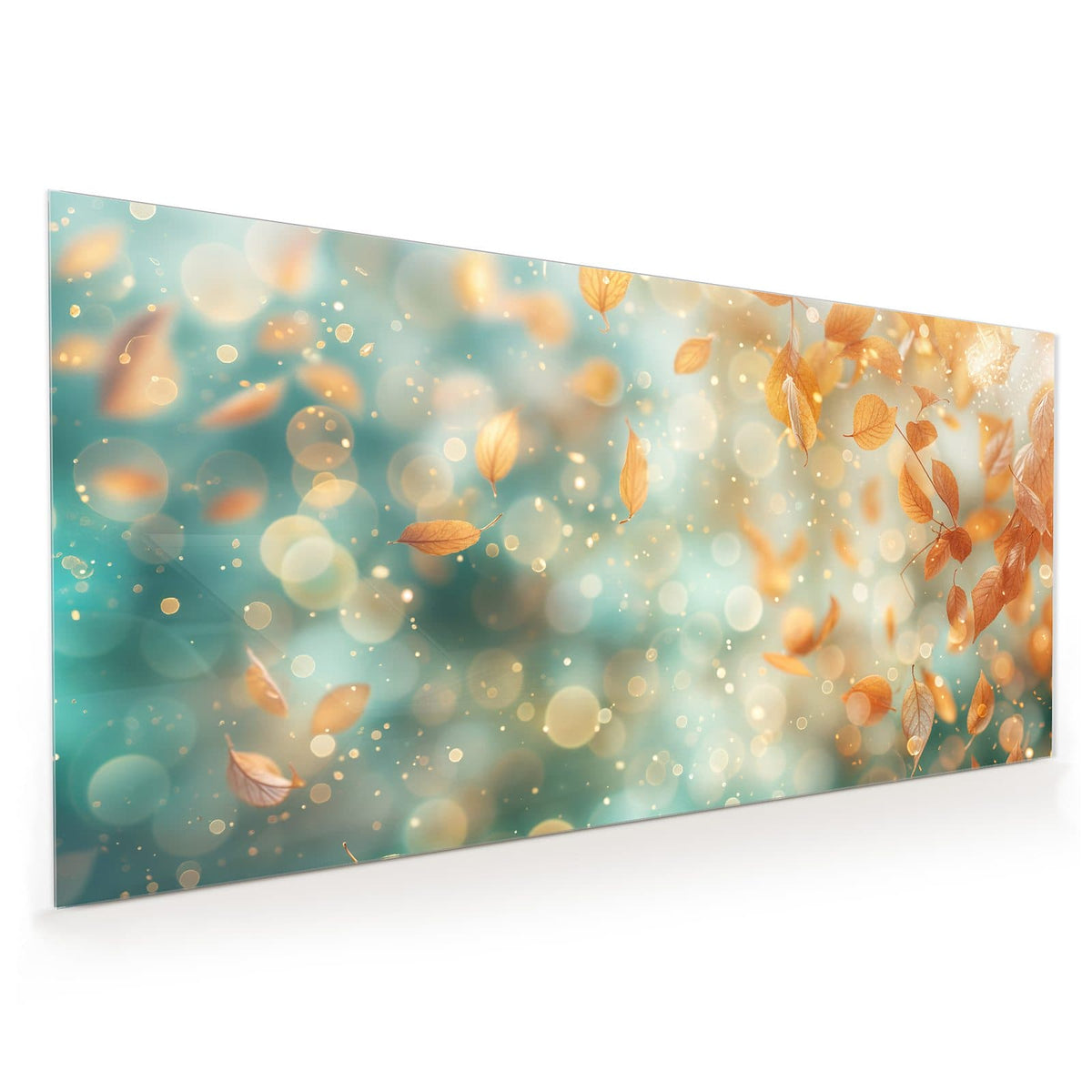 Küchenrückwand aus Glas im Hochformat mit Motiv Goldene Blätter im Flug: Orangegoldene Blätter schweben vor türkisem Bokeh mit Lichtpunkten