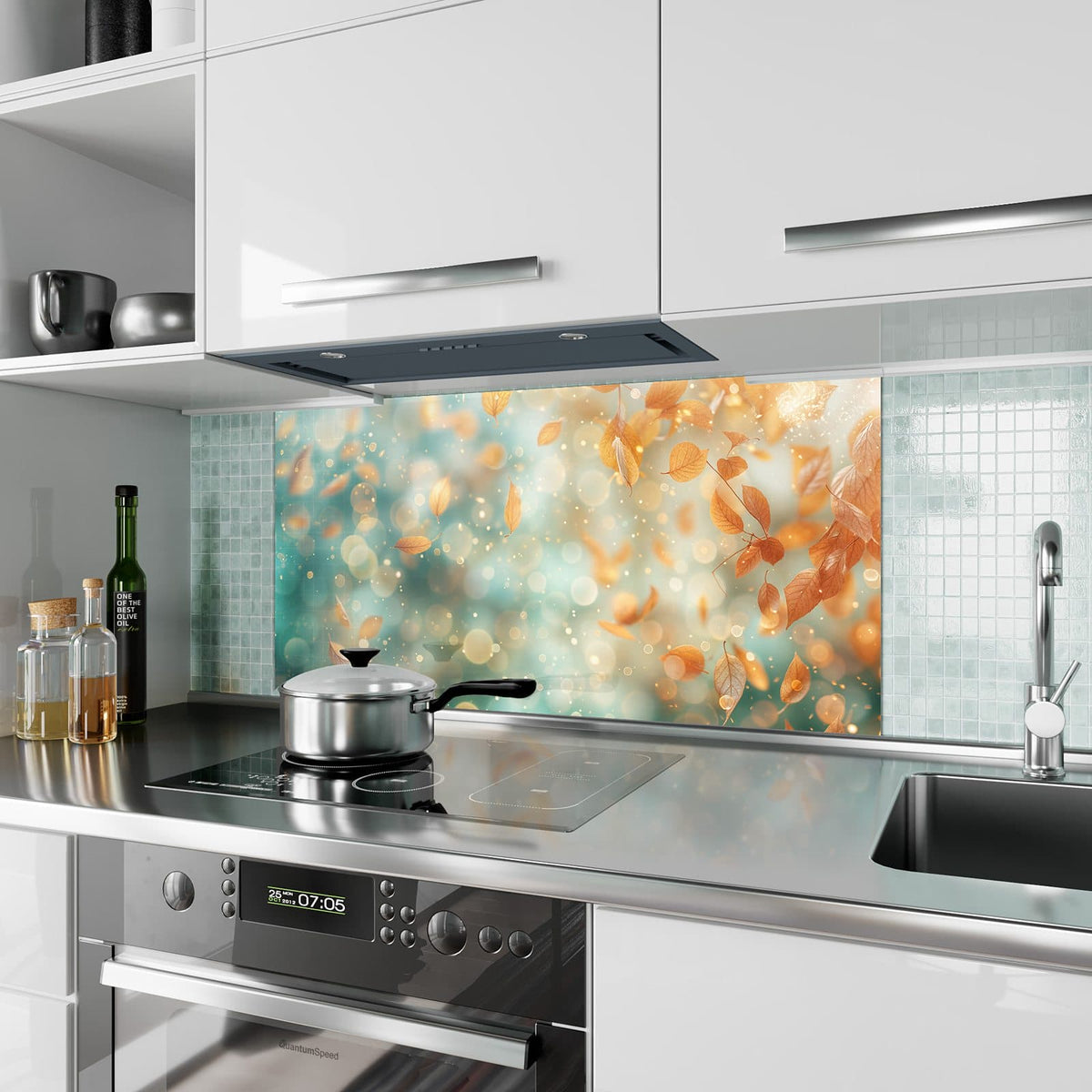 Küchenrückwand aus Glas Goldene Blätter im Flug im Hochformat als Spritzschutz hinter dem Kochfeld, über dem Fliesenspiegel montiert