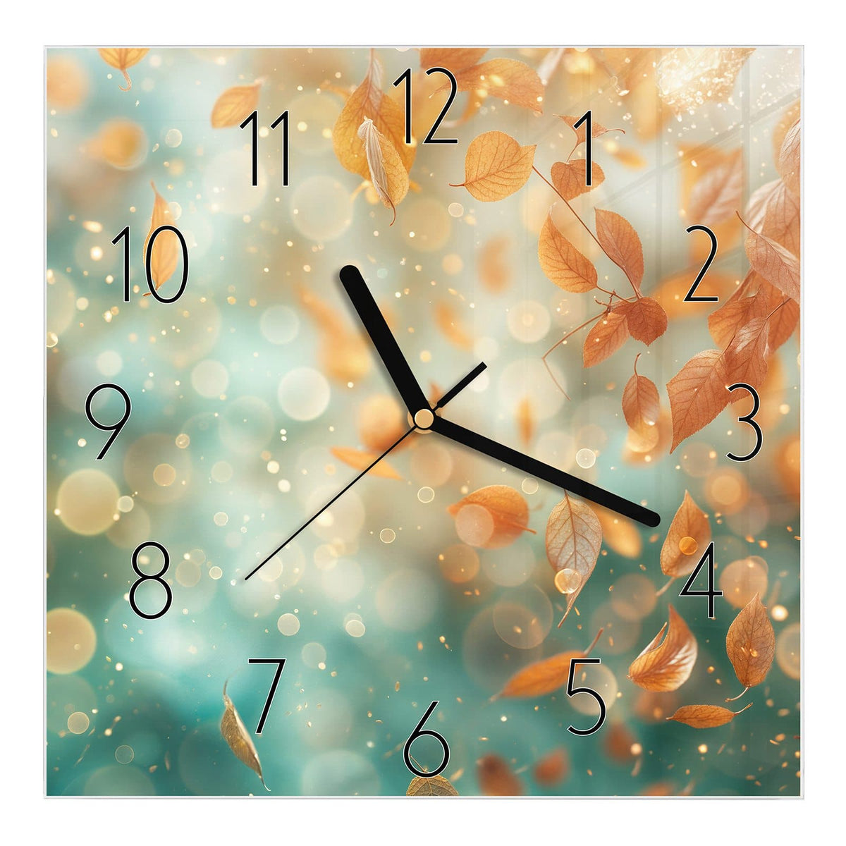 Wanduhr aus Glas, Ziffernblatt Elegant mit Motiv Goldene Blätter im Flug: Orangegoldene Blätter schweben vor türkisem Bokeh mit Lichtpunkten #ziffernblatt_Elegant