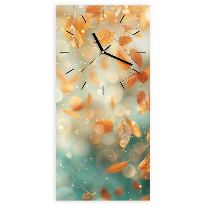 Wanduhr Herbstblätter Traum aus Glas – Hochformat 30 × 60 cm mit Ziffernblatt Linie