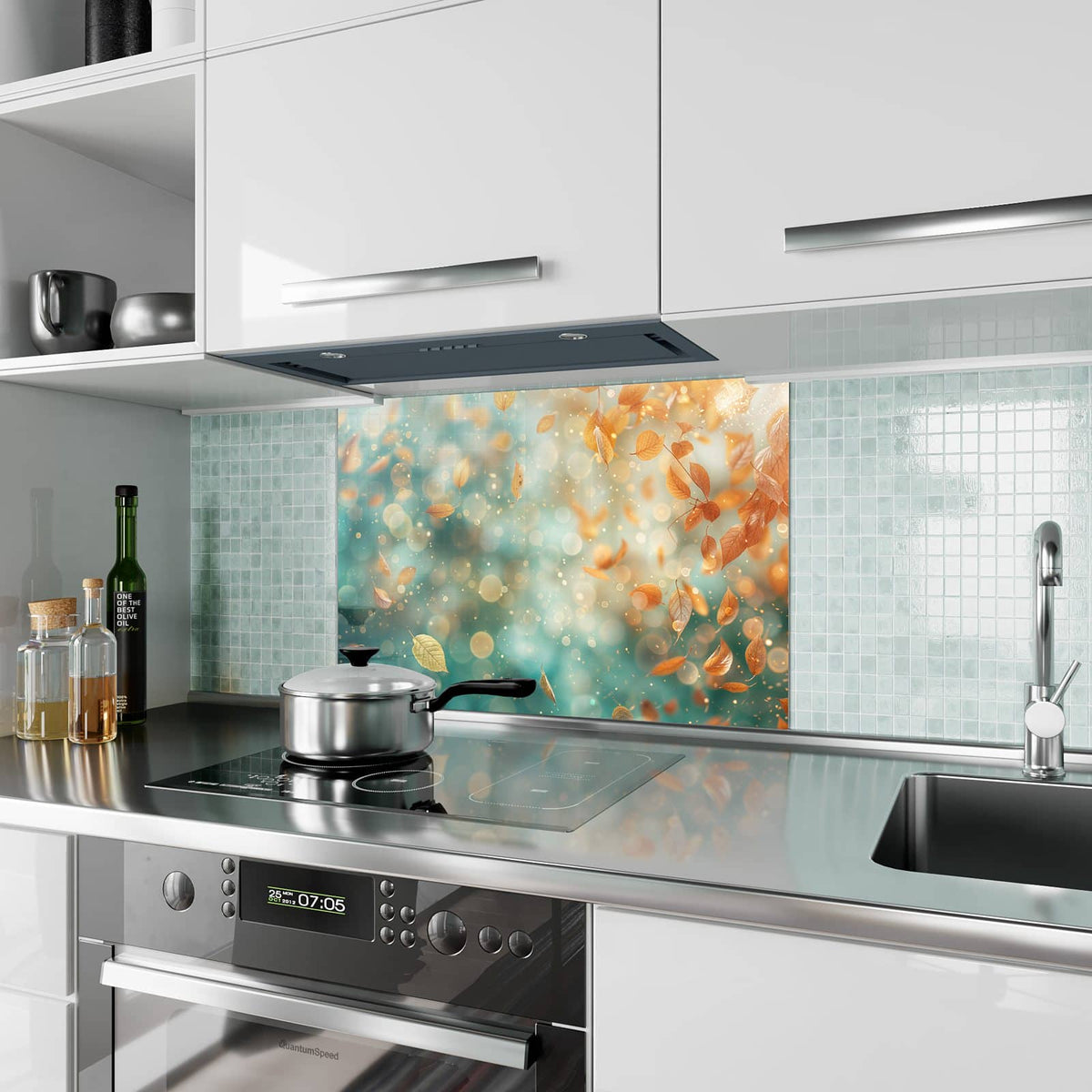 Küchenrückwand aus Glas Goldene Blätter im Flug im Hochformat als Spritzschutz hinter dem Kochfeld, über dem Fliesenspiegel montiert