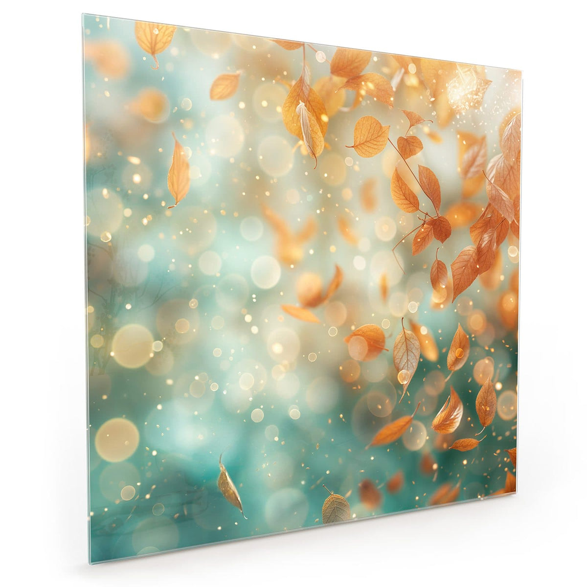 Küchenrückwand aus Glas im quadratischen Format mit Motiv Goldene Blätter im Flug: Orangegoldene Blätter schweben vor türkisem Bokeh mit Lichtpunkten #grösse_40 x 40 cm #grösse_50 x 50 cm #grösse_60 x 60 cm