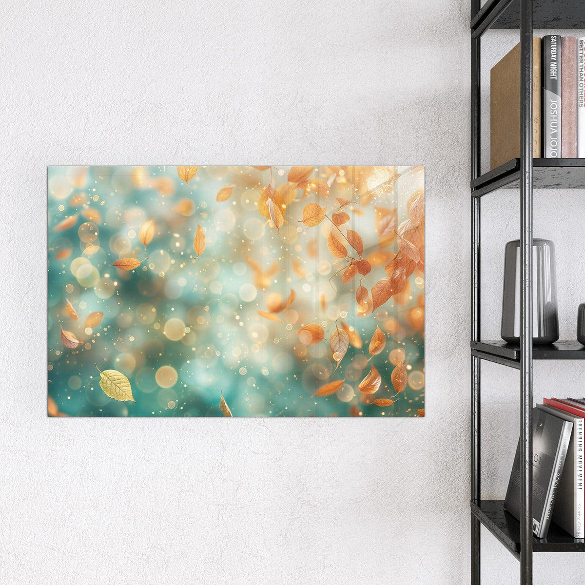 Magnettafel - Goldene Blätter im Flug – Goldene Blätter vor türkisem Bokeh