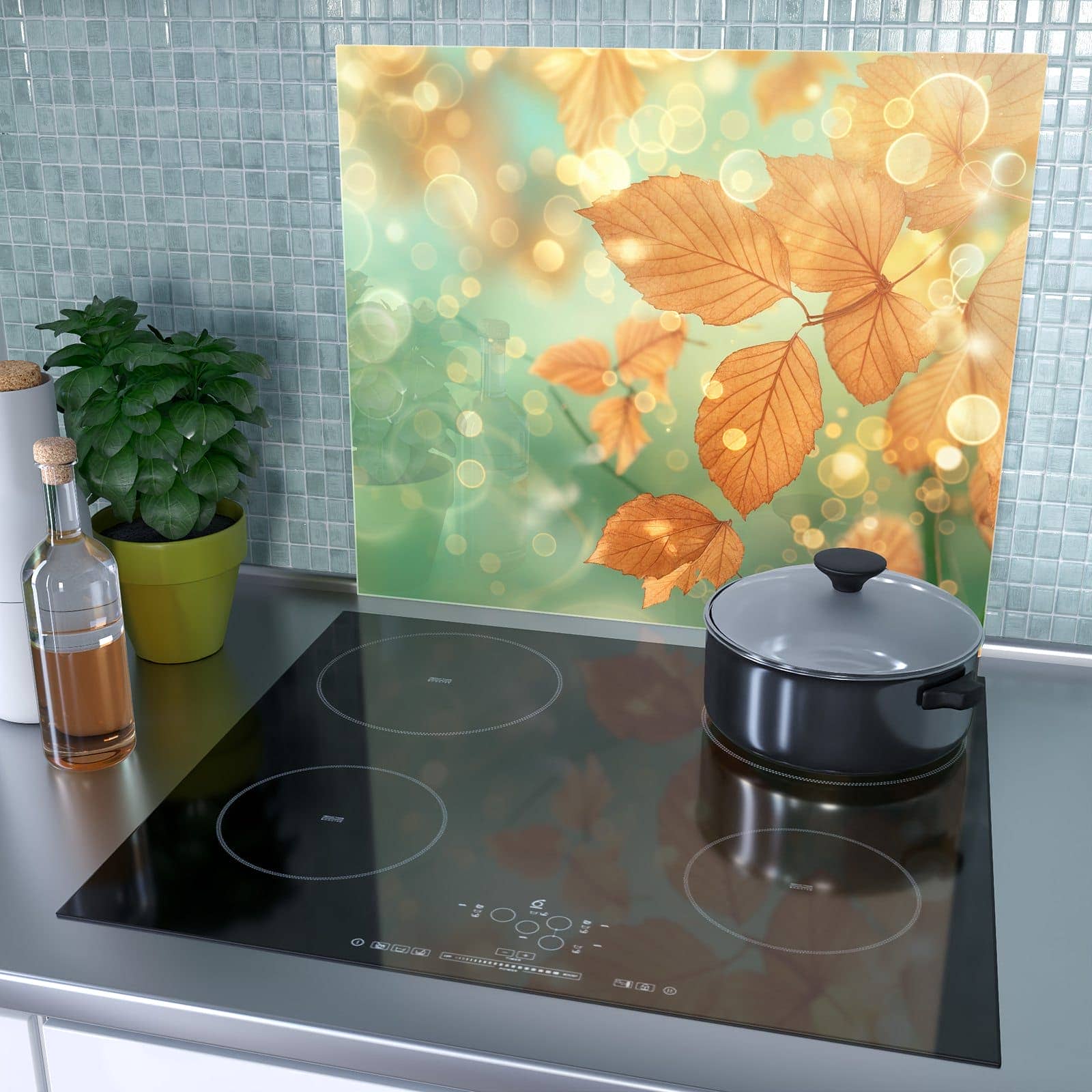 1-teilige Herdabdeckplatte mit Herbstliche Blätter-Motiv als Spritzschutz hinter dem Kochfeld