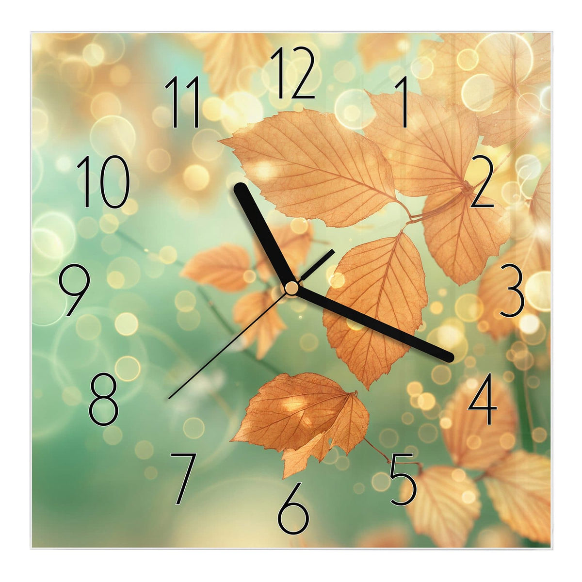 Wanduhr aus Glas, Ziffernblatt Elegant mit Motiv Blätter vor Türkis: Goldbraune Herbstblätter vor mintgrün-türkisem Bokeh #ziffernblatt_Elegant