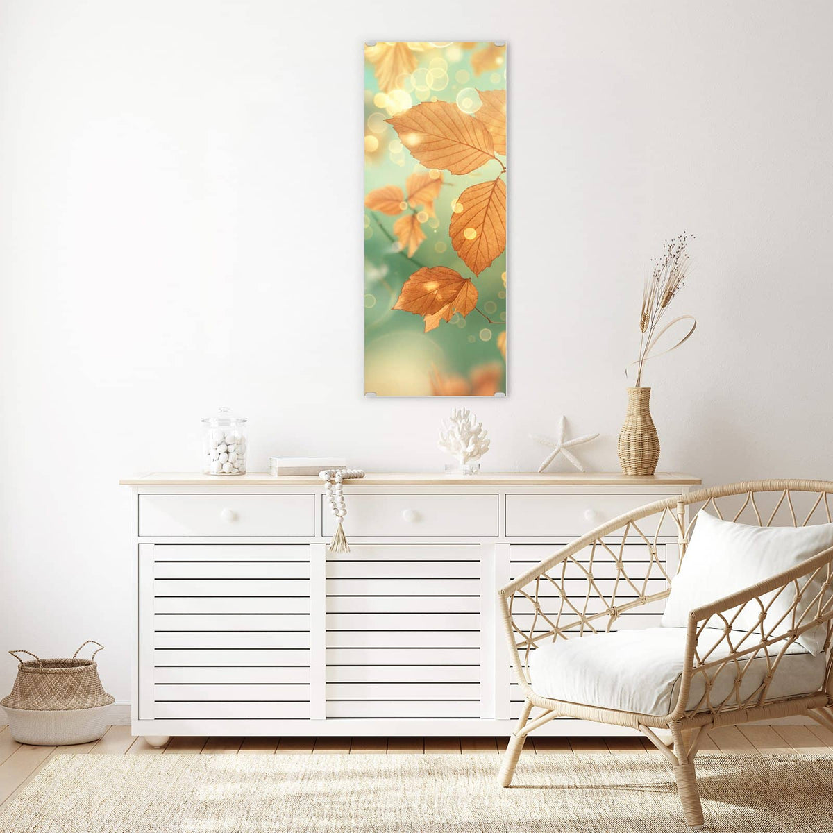 Glasbild Blätter vor Türkis an der Wand – goldbraune Herbstblätter vor mintgrün-türkisem Bokeh