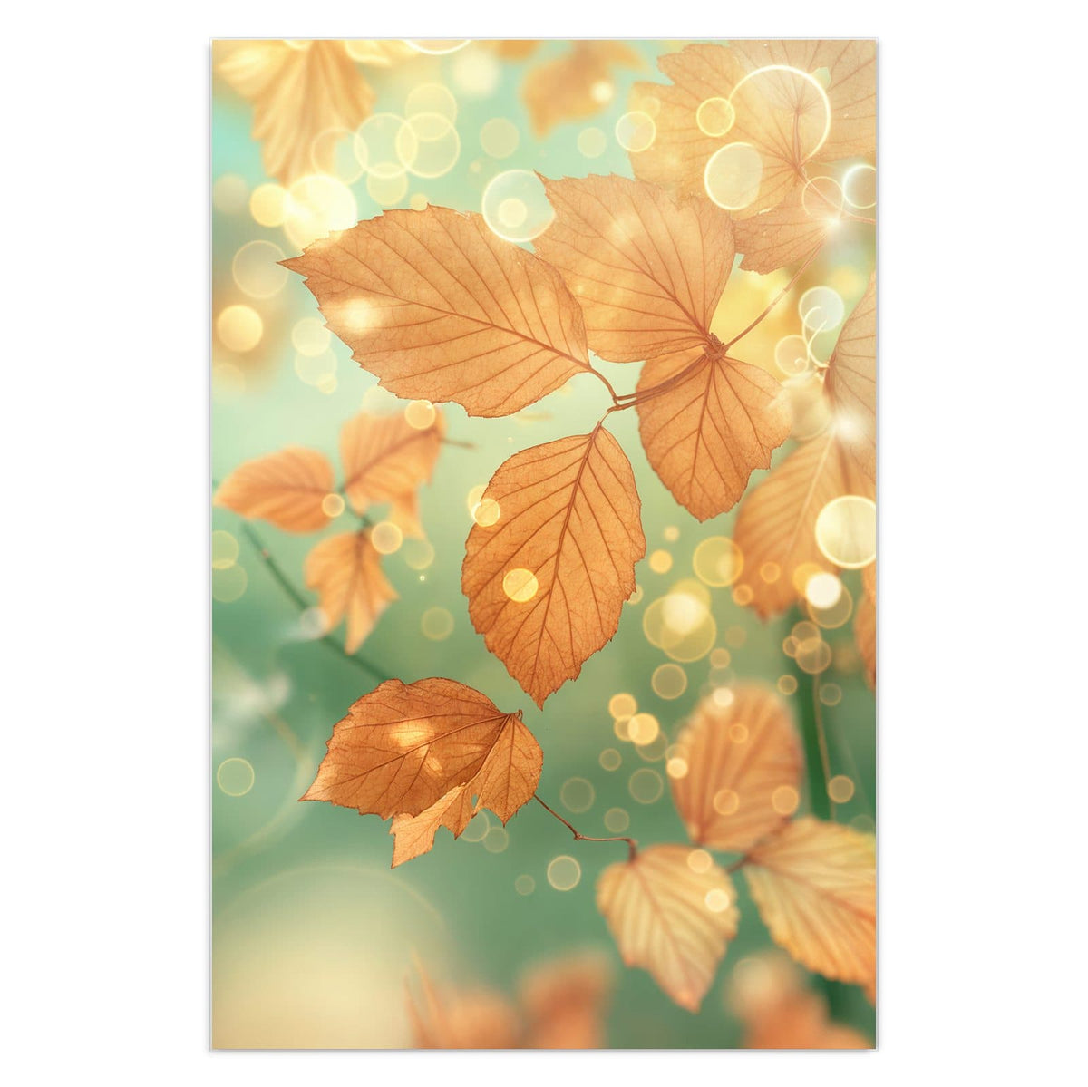 goldbraune Herbstblätter vor mintgrün-türkisem Bokeh