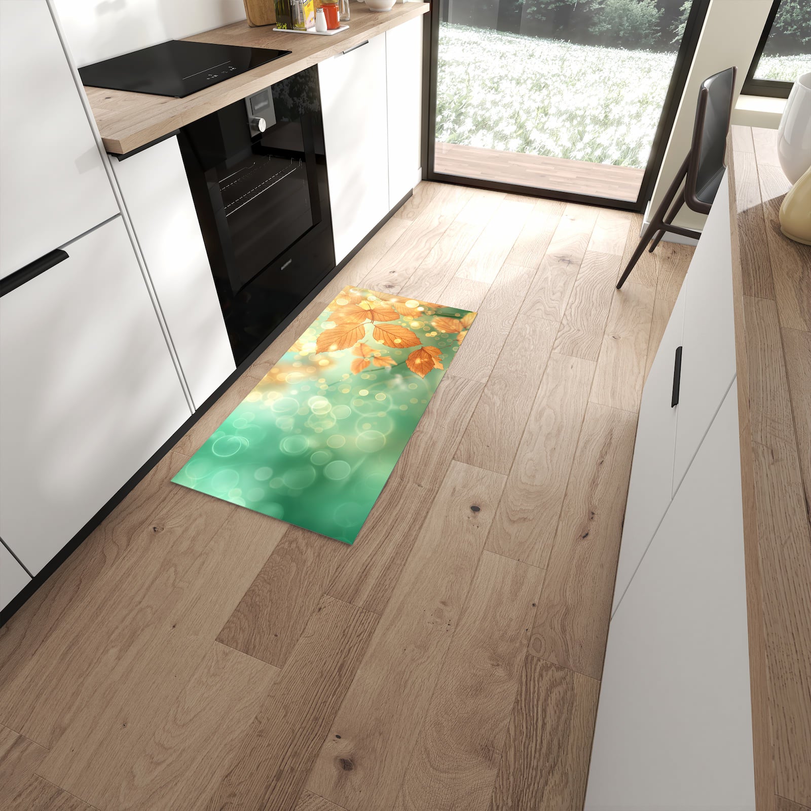 Geruchsneutraler Teppich in Küche mit Motiv Herbstliche Blätter in moderner Küche #grösse_60 x 120 cm