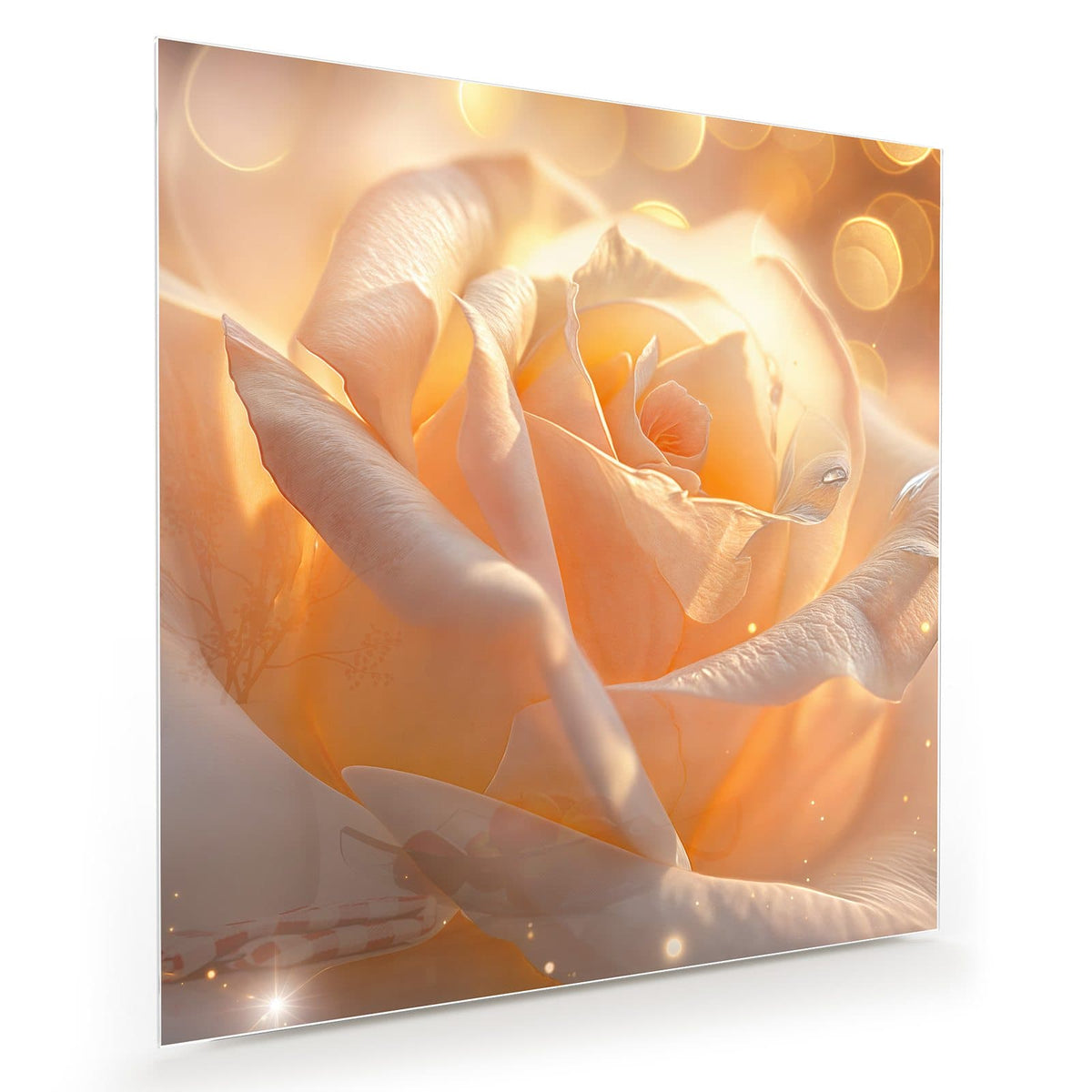 Cremeweiße bis apricotfarbene Rosenblüte in warmem Licht mit goldenen Lichtpunkten.