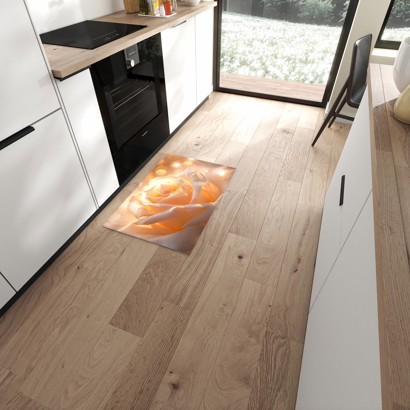 Geräuschdämpfender Küchenteppich mit Motiv Leuchtende Blüte in moderner Küche