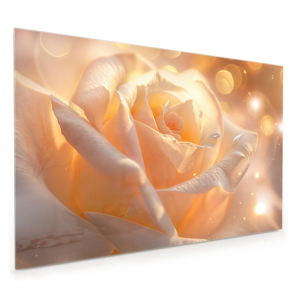 Küchenrückwand aus Glas im Hochformat: Cremeweiße bis apricotfarbene Rosenblüte in warmem Licht mit goldenen Lichtpunkten.