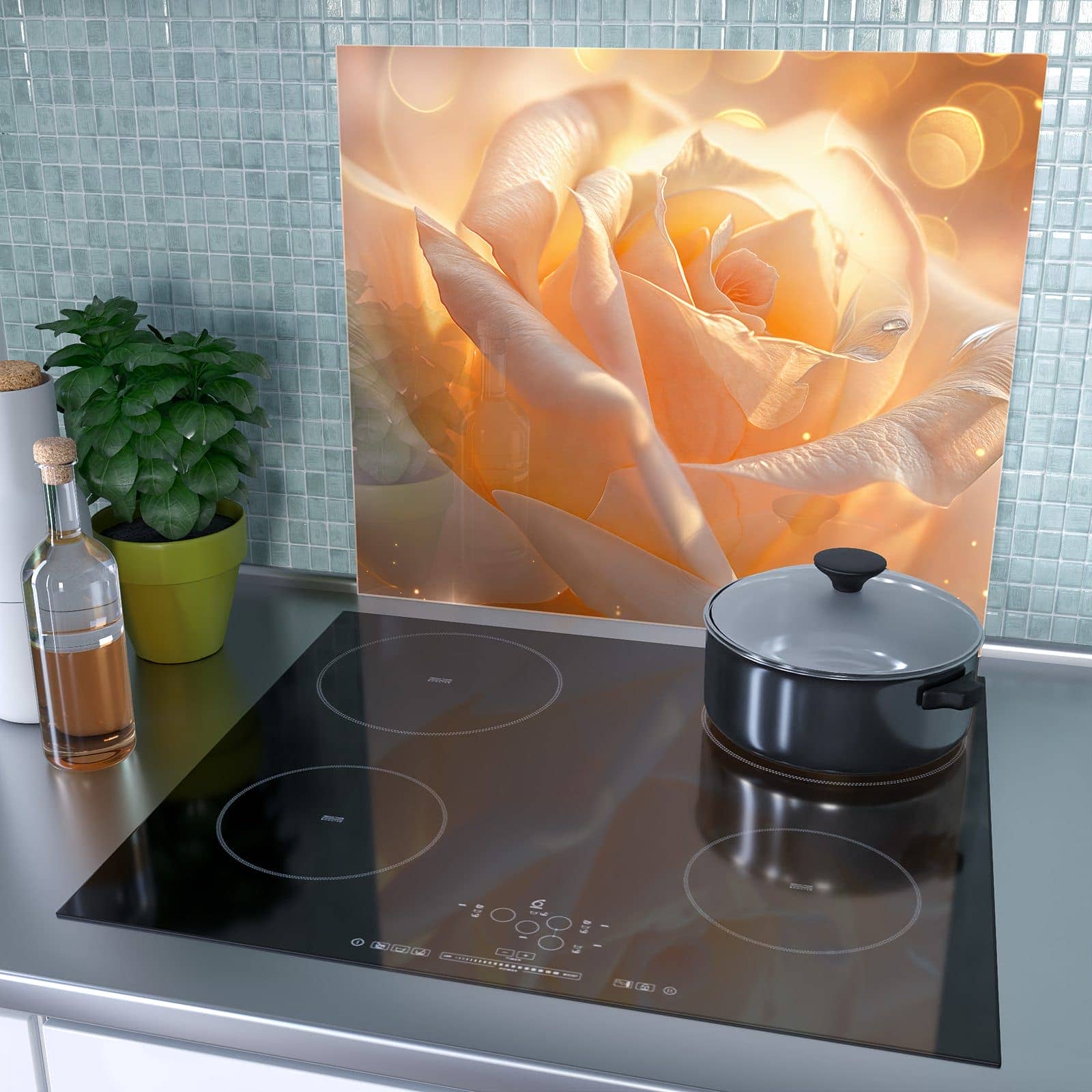 1-teilige Herdabdeckung mit Leuchtende Blüte-Motiv als Spritzschutz hinter dem Kochfeld