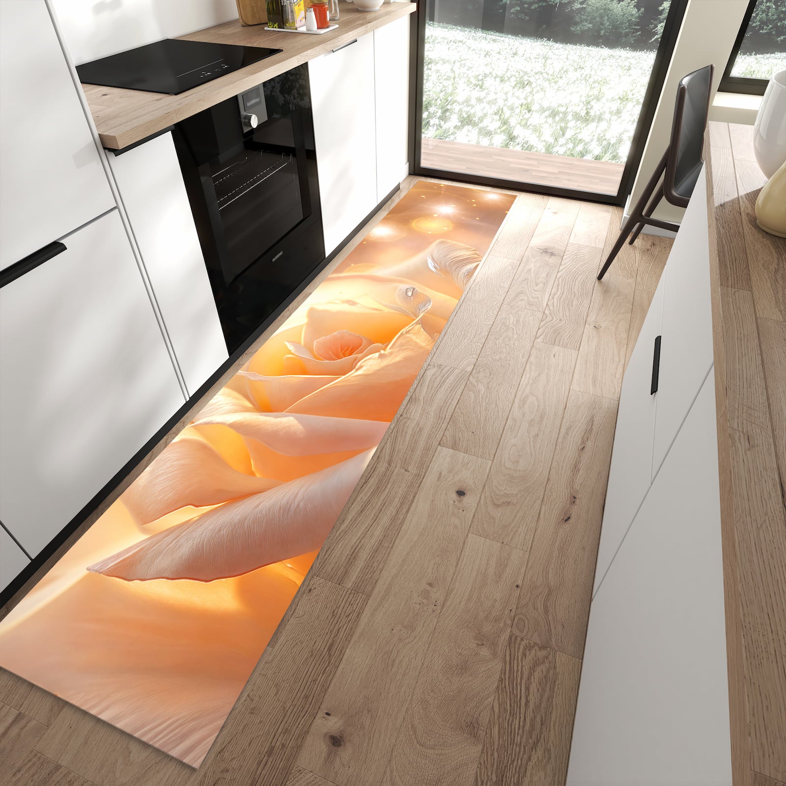 Zeitsparender abwaschbarer Küchenteppich mit Motiv Leuchtende Blüte in moderner Küche