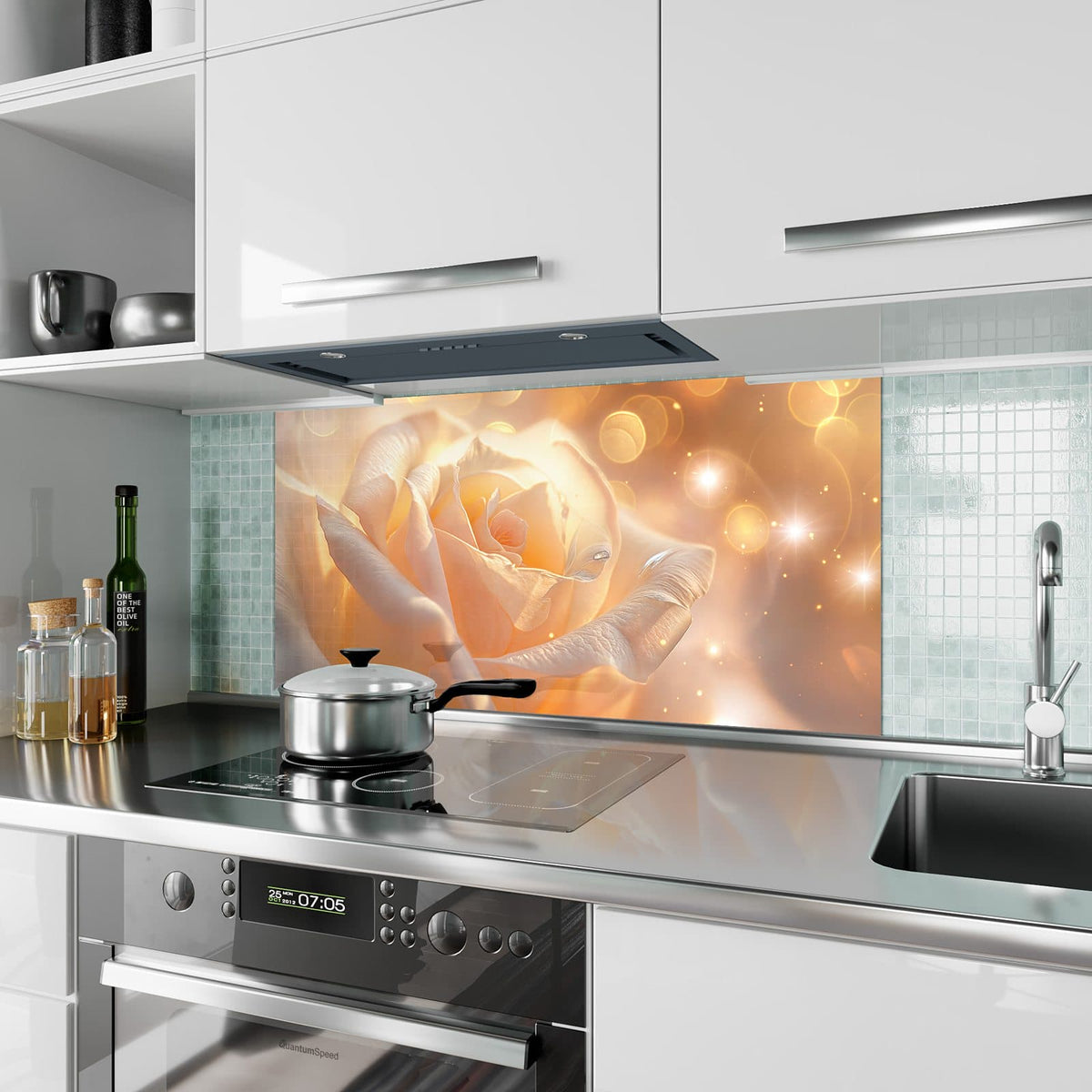 Küchenrückwand aus Glas Apricotfarbene Rose im Hochformat als Spritzschutz hinter dem Kochfeld, über dem Fliesenspiegel montiert
