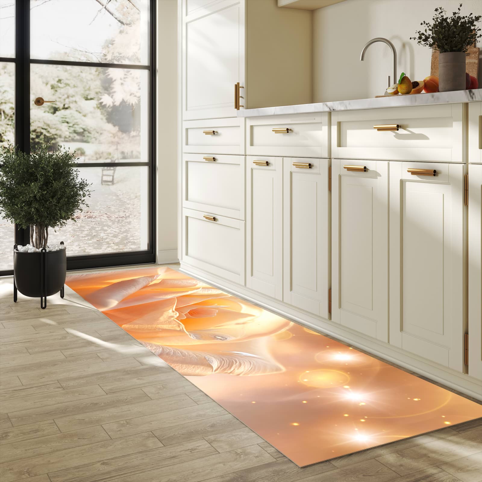 Flacher Küchenläufer mit Motiv Leuchtende Blüte in heller Küche für lange Teppiche