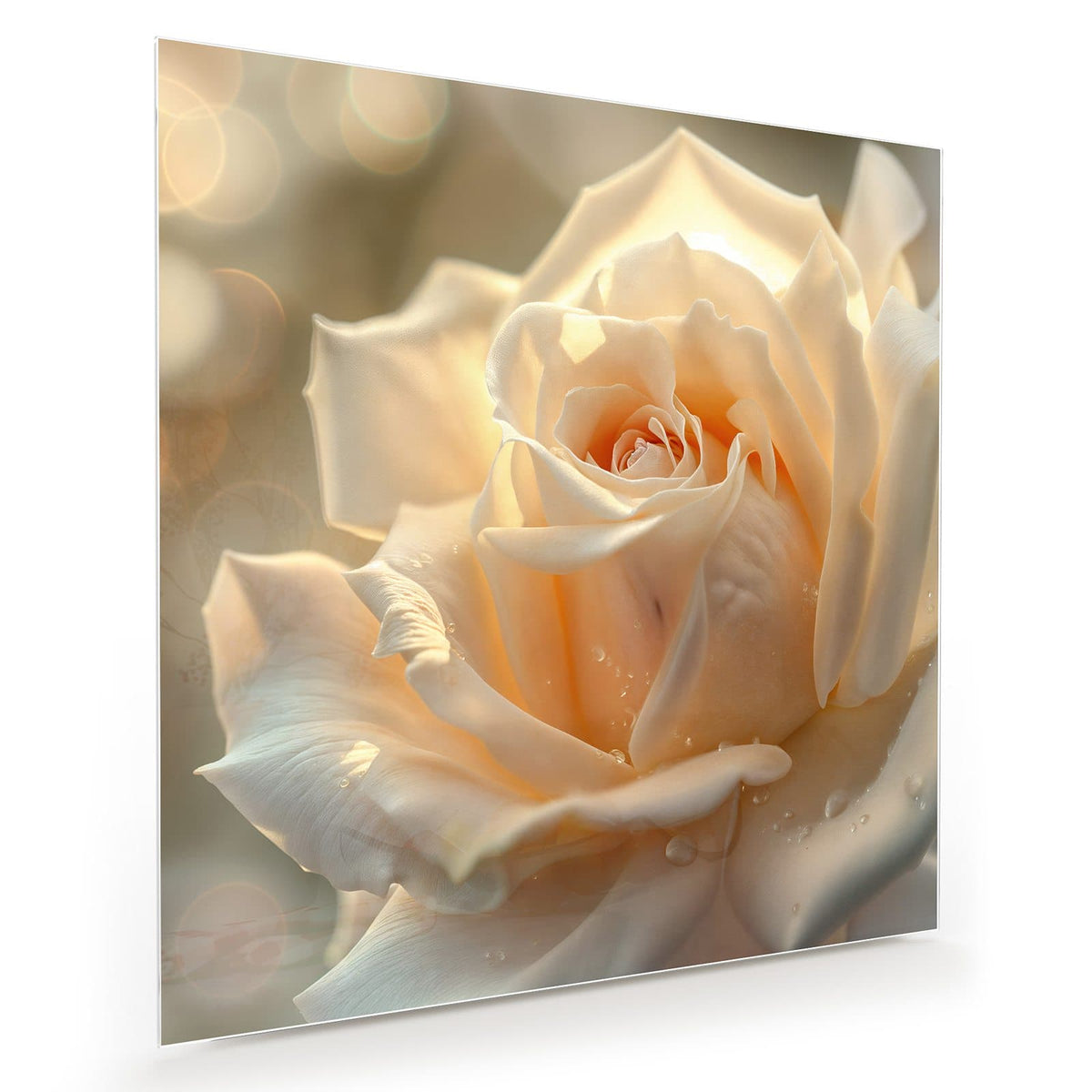 Cremeweiße Rose mit Wassertropfen vor goldenem Bokeh