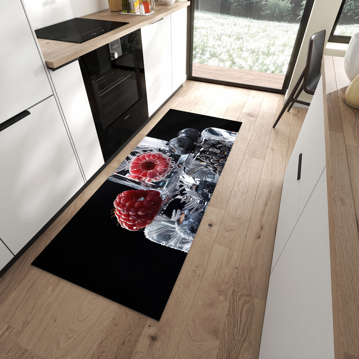 Komfortabler Bodenläufer-Teppich mit Motiv Gefrorene Früchte in moderner Küche