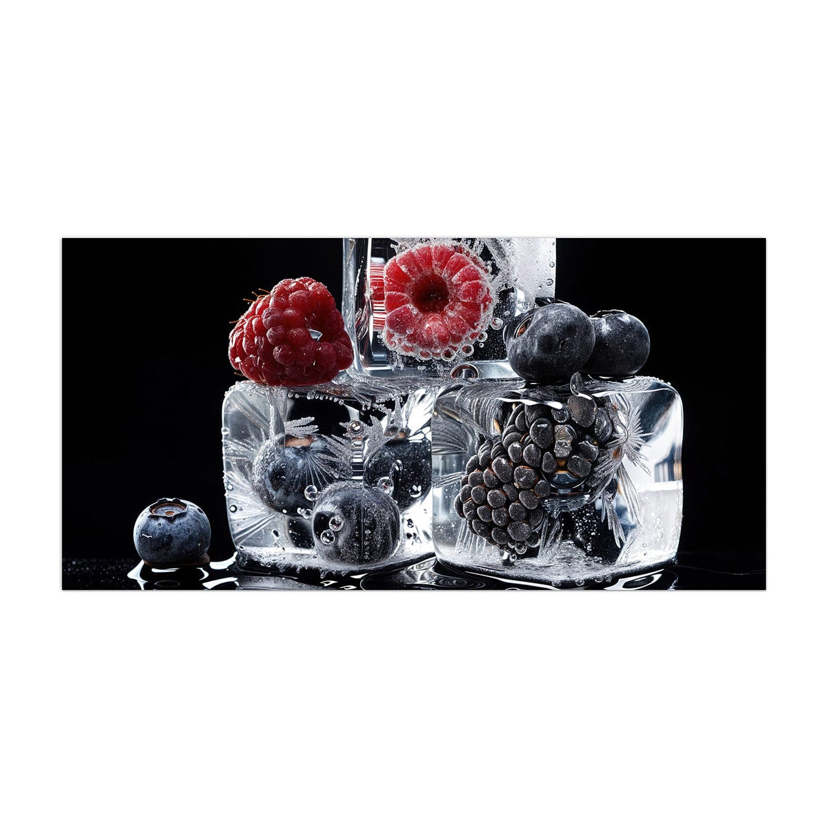 Küchenrückwand aus Glas Beeren auf Schwarz im Hochformat, Motiv bildfüllend von vorn