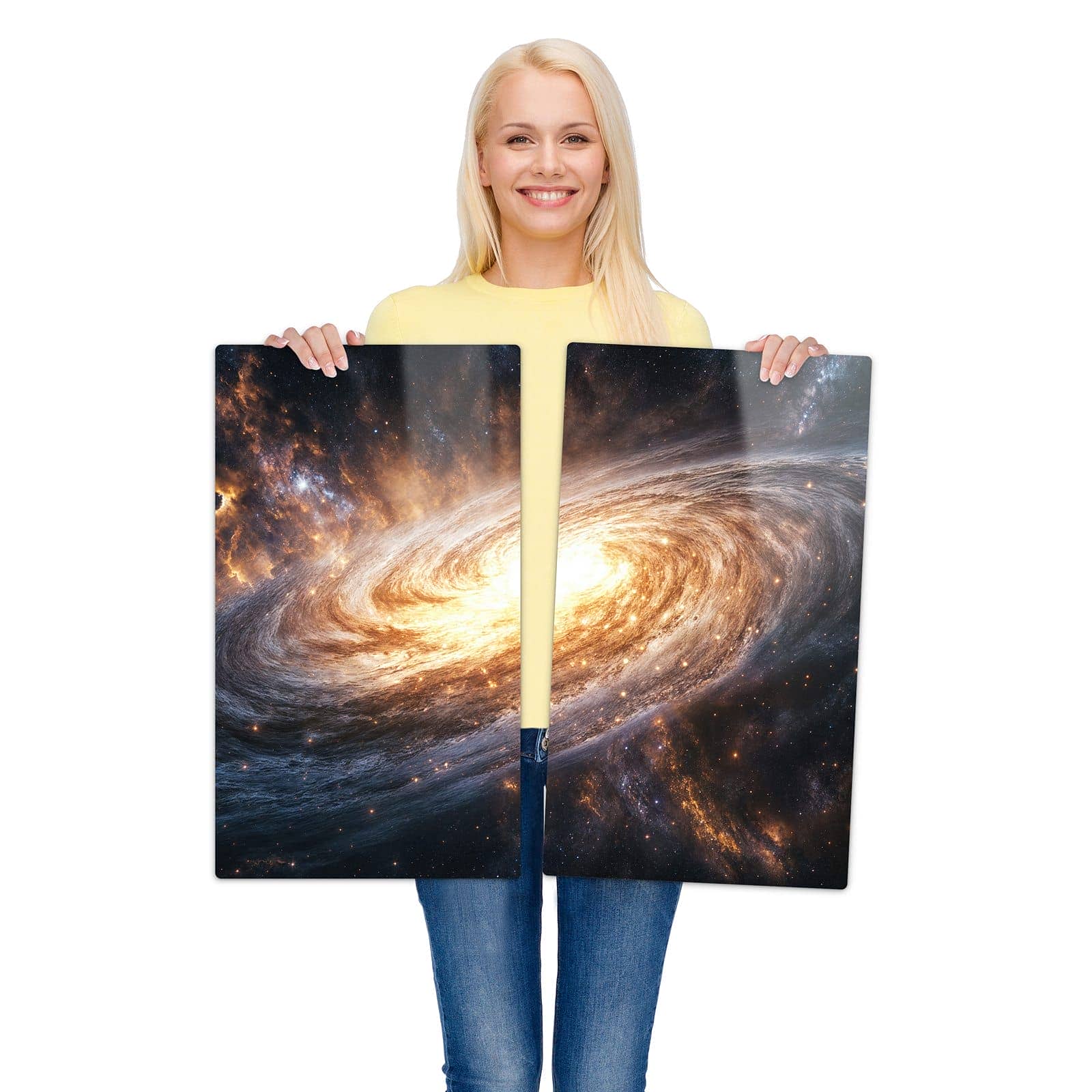 2-teilige Herdabdeckplatte für Ceranfeld mit Galaxie Nachthimmel-Motiv wird zur Größendarstellung gehalten