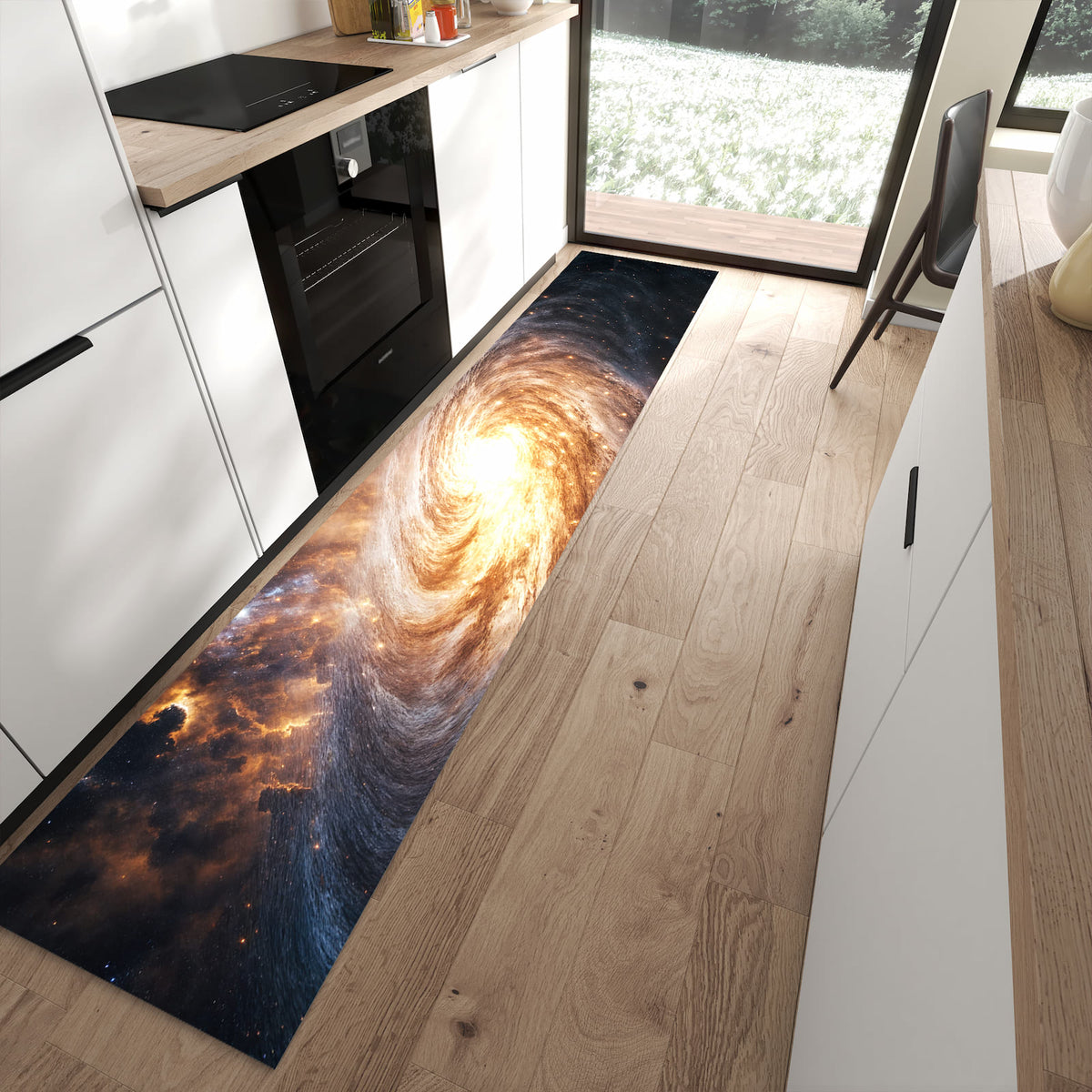 Strapazierfähiger Küchenläufer mit Motiv Galaxie Nachthimmel in moderner Küche