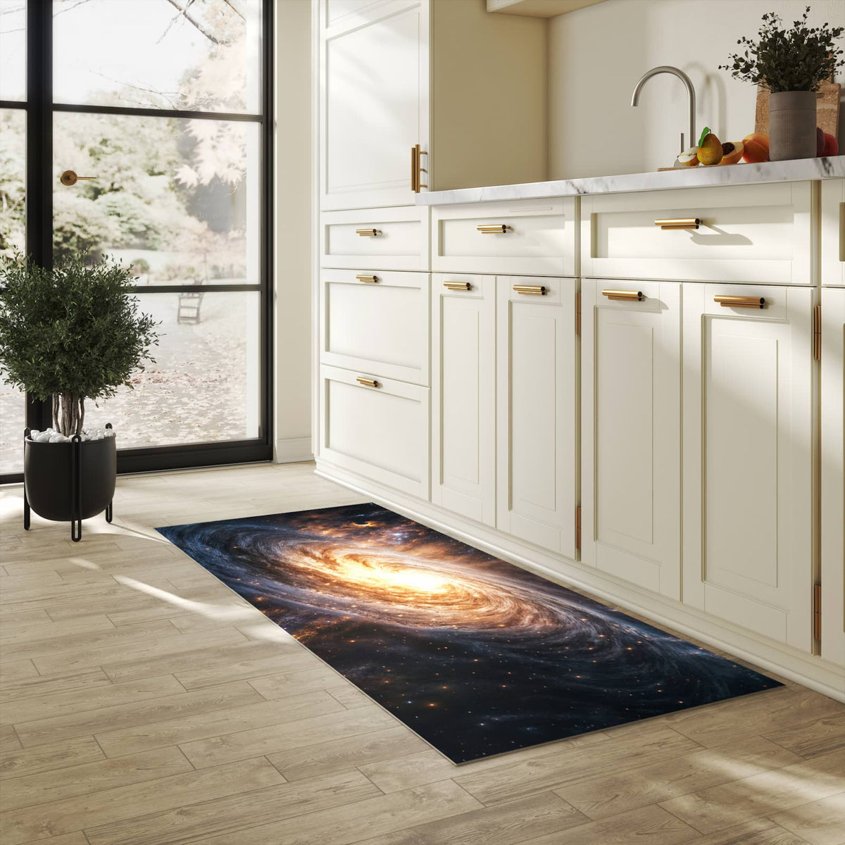 Bodenschonender waschbarer Küchenteppich mit Motiv Galaxie Nachthimmel in heller Küche
