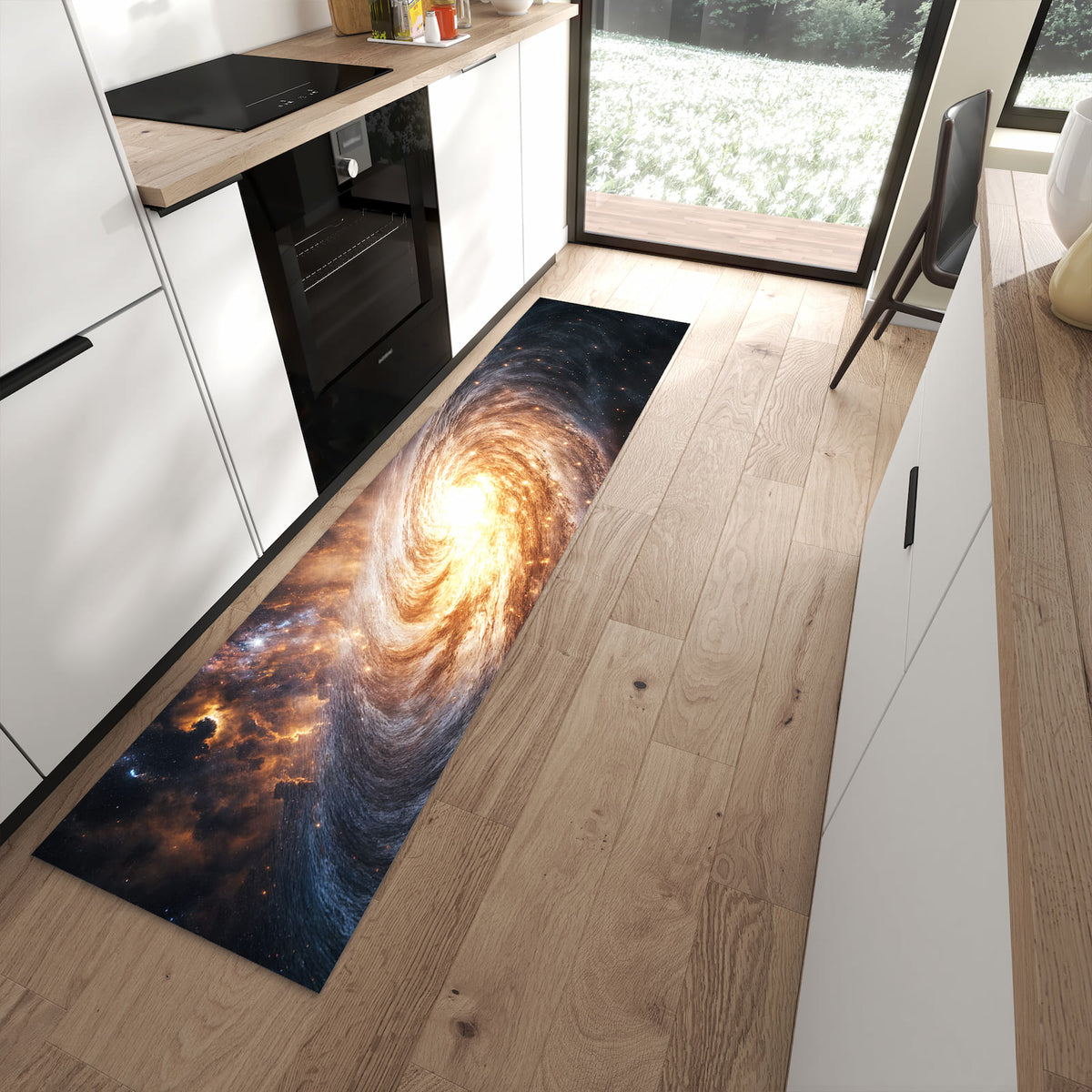 Küchenvorleger mit Motiv Galaxie Nachthimmel für angenehme Haptik in moderner Küche