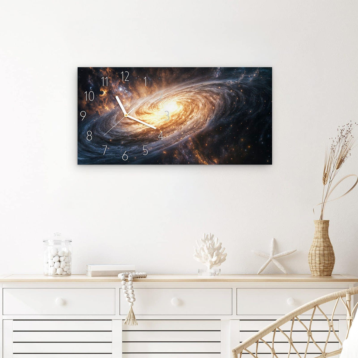 Wanduhr Galaxie Nachthimmel aus Glas – Querformat 60 × 30 cm – Funkelnde Sterne im tiefen Blau