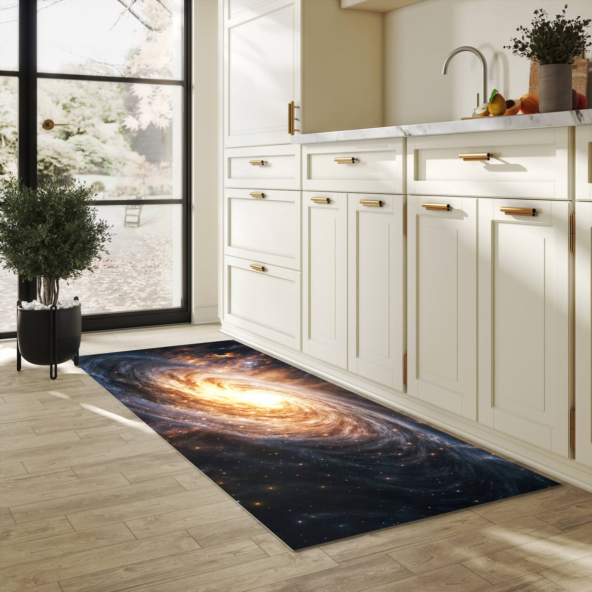 Geräuschdämpfender waschbarer Küchenteppich mit Motiv Galaxie Nachthimmel in heller Küche