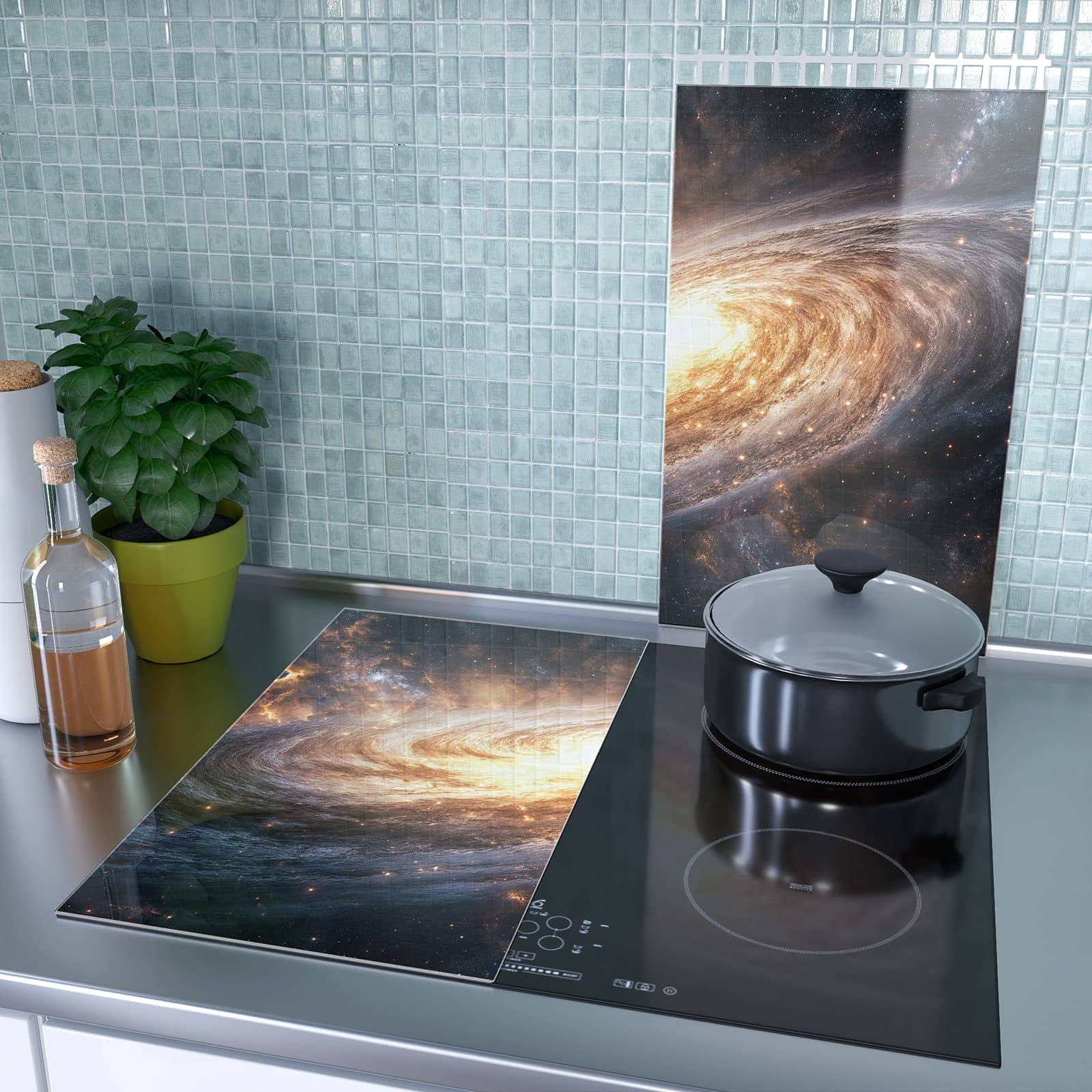 2-teilige Abdeckplatten für Herd mit Galaxie Nachthimmel-Motiv als Spritzschutz hinter dem Kochfeld