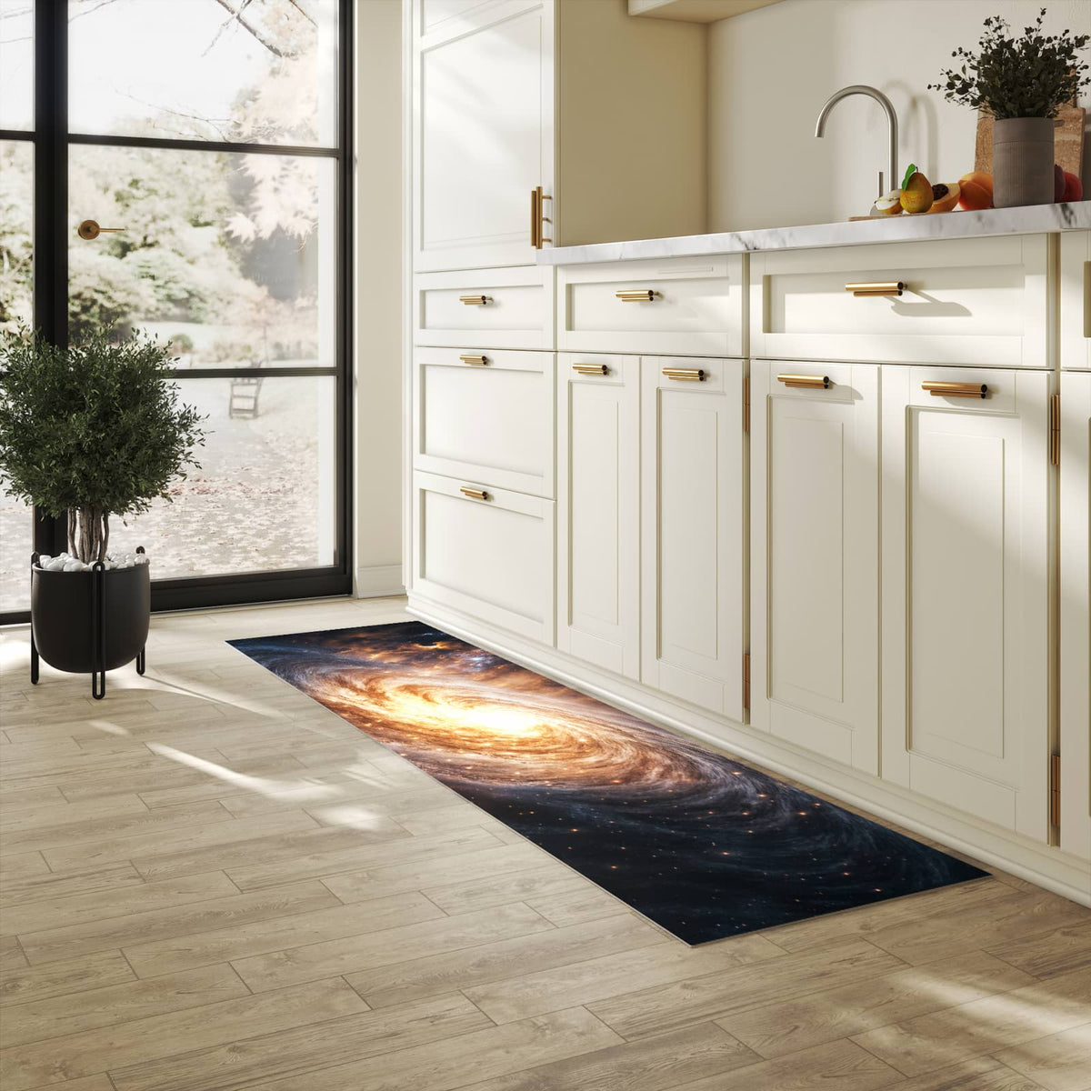 Rutschfester Küchenteppich mit Motiv Galaxie Nachthimmel in heller Küche