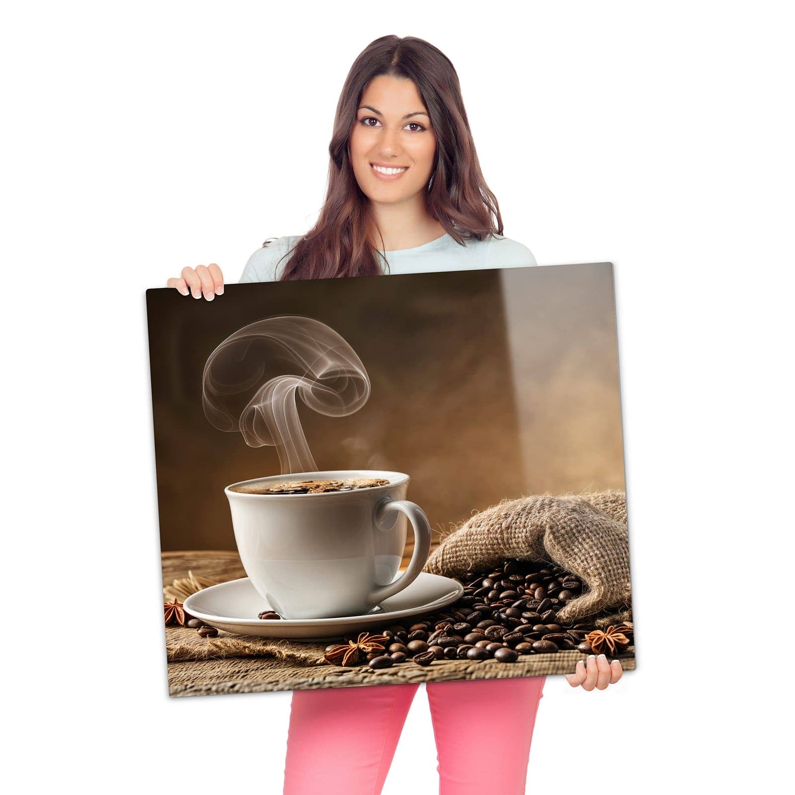 1-teilige Abdeckplatte für Herd mit Sanfte Kaffeegenuss-Motiv wird zur Größendarstellung gehalten