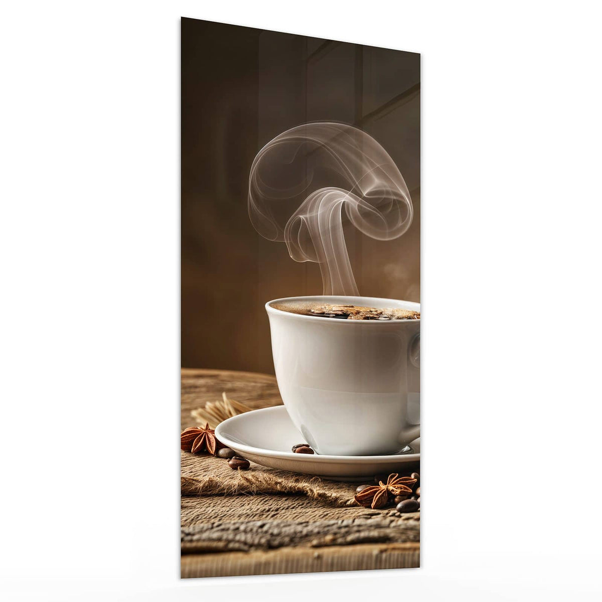 Glasbild Dampfende Kaffeetasse von der Seite, 4 mm Echtglas