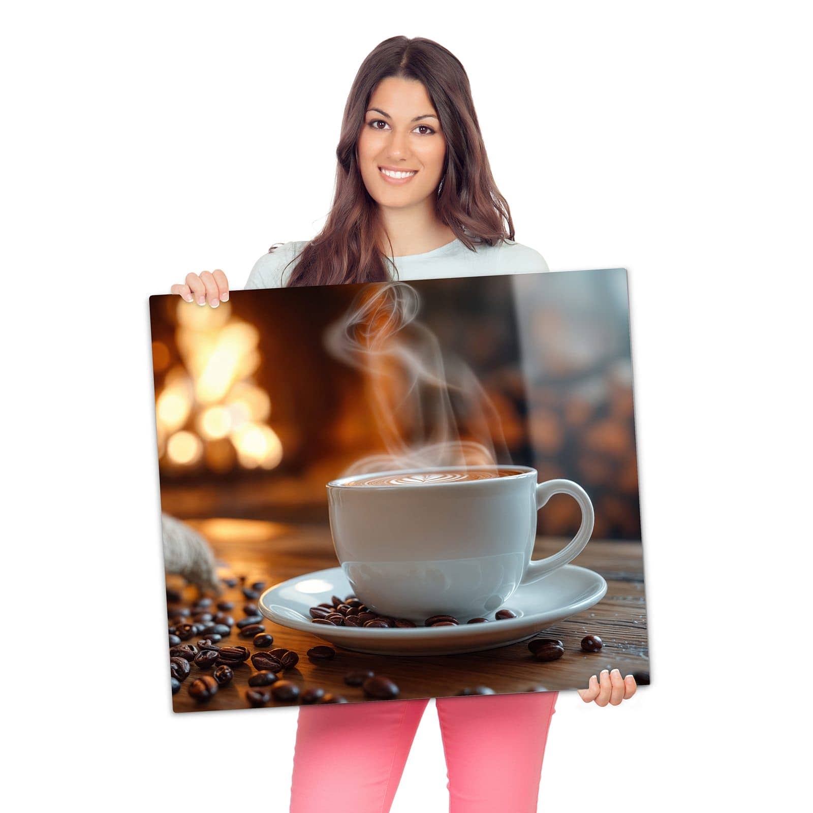 Herdabdeckplatte aus Glas mit Gemütliche Kaffeepause-Motiv wird zur Größendarstellung gehalten
