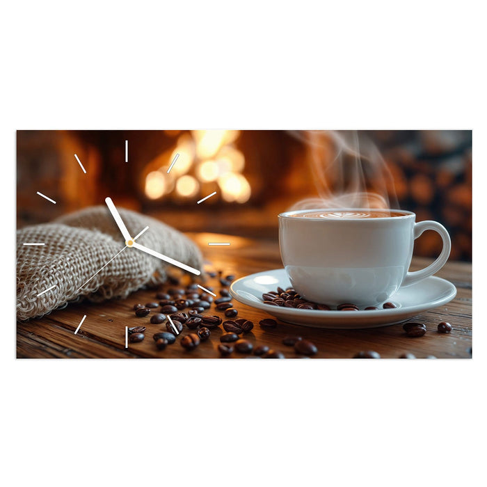 Wanduhr Gemütliche Kaffeepause aus Glas – Querformat 60 × 30 cm mit Ziffernblatt Linie