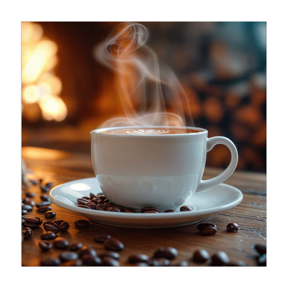Küchenrückwand aus Glas Kaffee am Kaminfeuer im quadratischen Format, Motiv bildfüllend von vorn