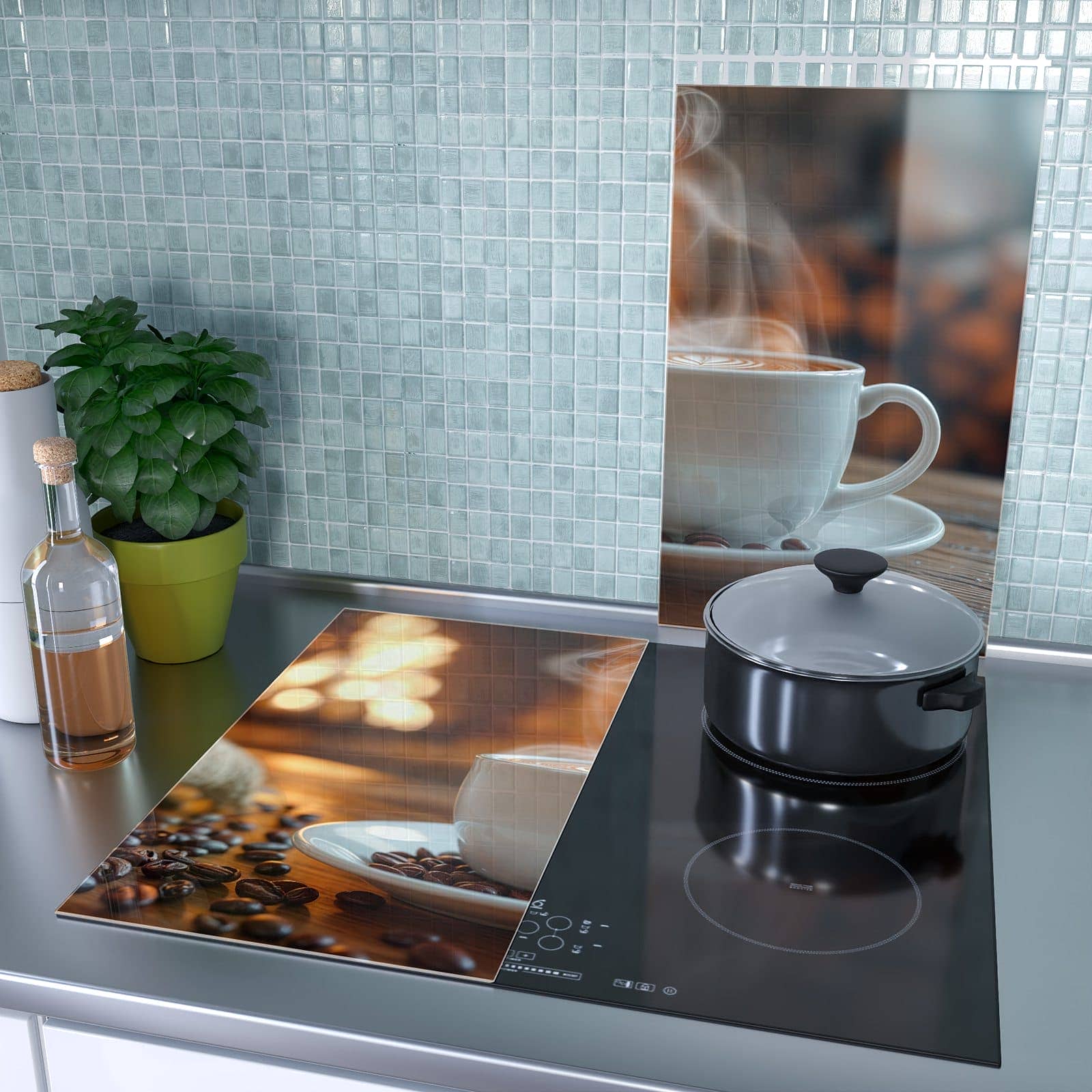 2-teilige Herdabdeckplatte mit Gemütliche Kaffeepause-Motiv als Spritzschutz hinter dem Kochfeld