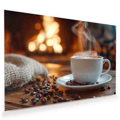 Wandbild mit dem Motiv Kaffee am Kaminfeuer