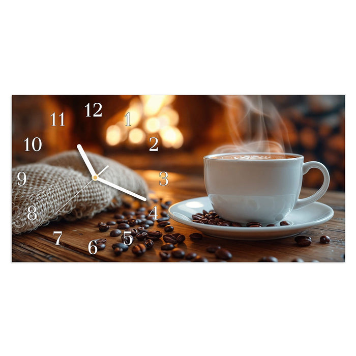 Wanduhr Gemütliche Kaffeepause aus Glas – Querformat 60 × 30 cm mit Ziffernblatt Klassisch