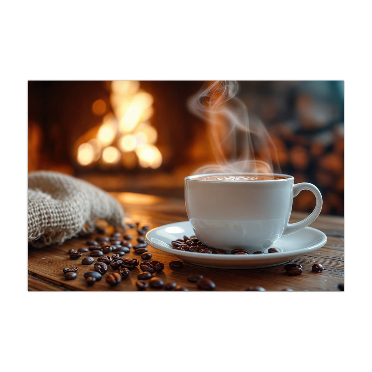 Küchenrückwand aus Glas Kaffee am Kaminfeuer im Hochformat, Motiv bildfüllend von vorn