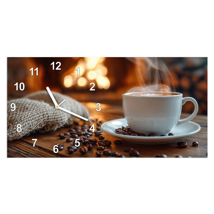 Wanduhr Gemütliche Kaffeepause aus Glas – Querformat 60 × 30 cm mit Ziffernblatt Modern