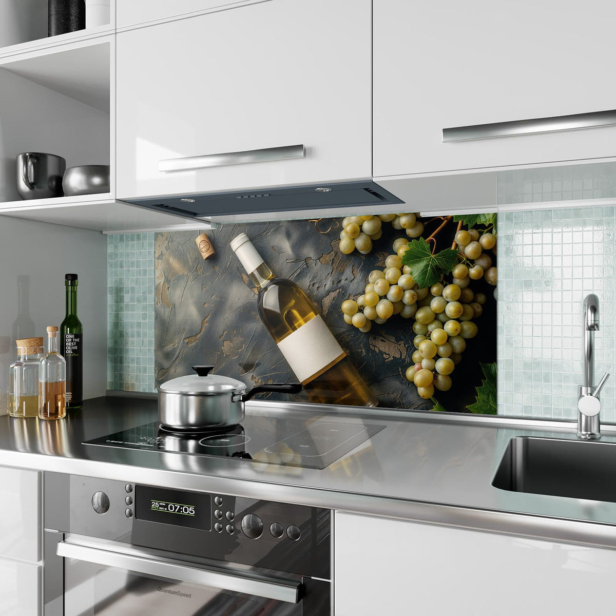Küchenrückwand aus Glas Weißwein mit Trauben im Hochformat als Spritzschutz hinter dem Kochfeld, über dem Fliesenspiegel montiert