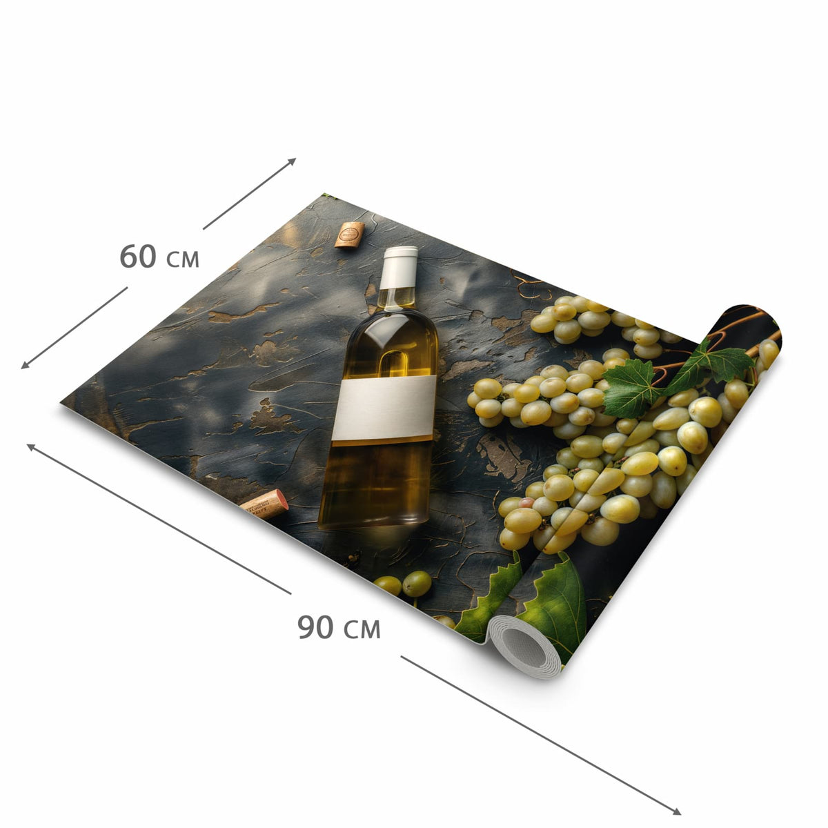 Komfortabler Küchenteppich mit Motiv Weintrauben mit Wein in der Grösse 80x300 cm