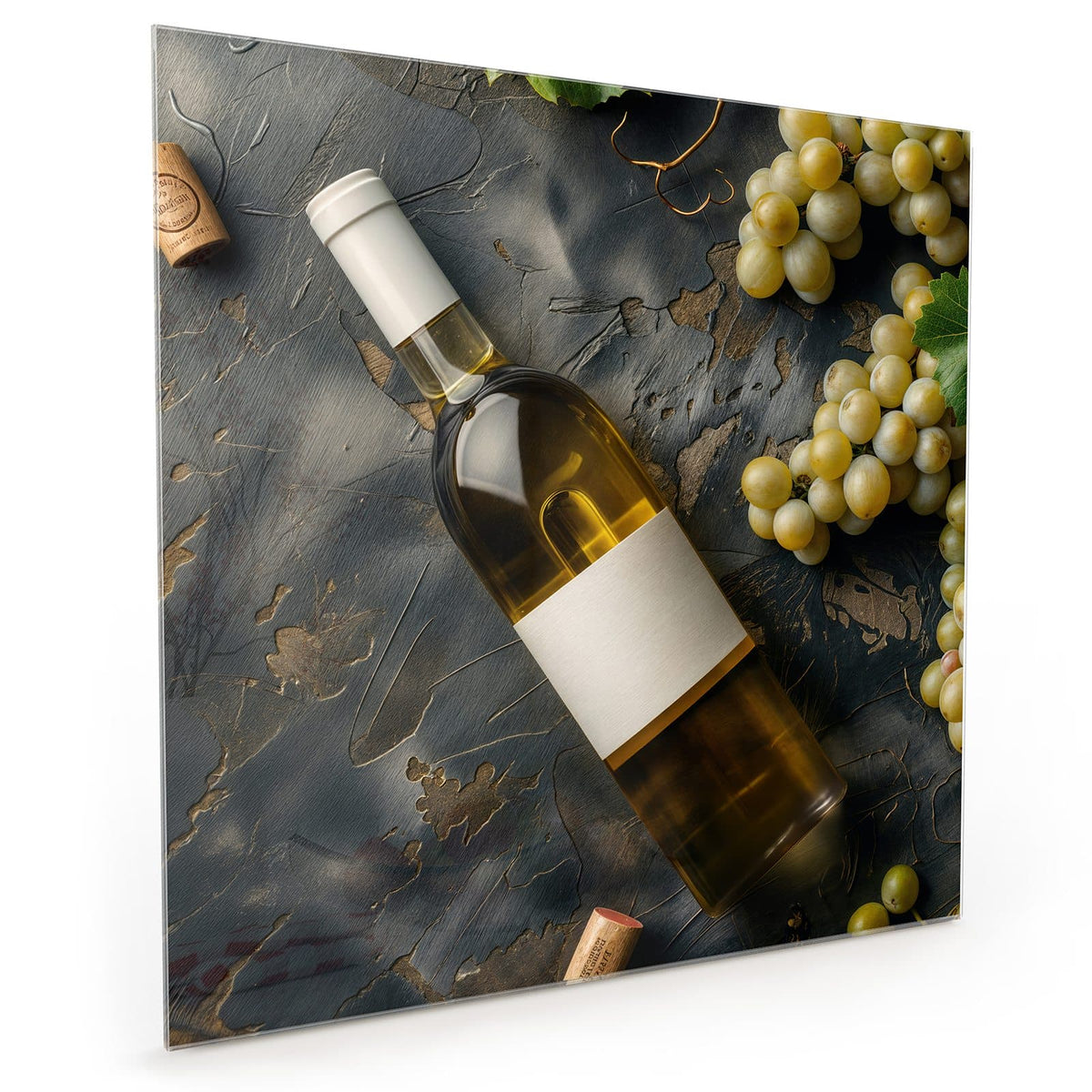 Küchenrückwand aus Glas im quadratischen Format: Liegende Weißweinflasche mit Naturkorken auf dunklem Schiefer, daneben helle Trauben #grösse_40 x 40 cm #grösse_50 x 50 cm #grösse_60 x 60 cm
